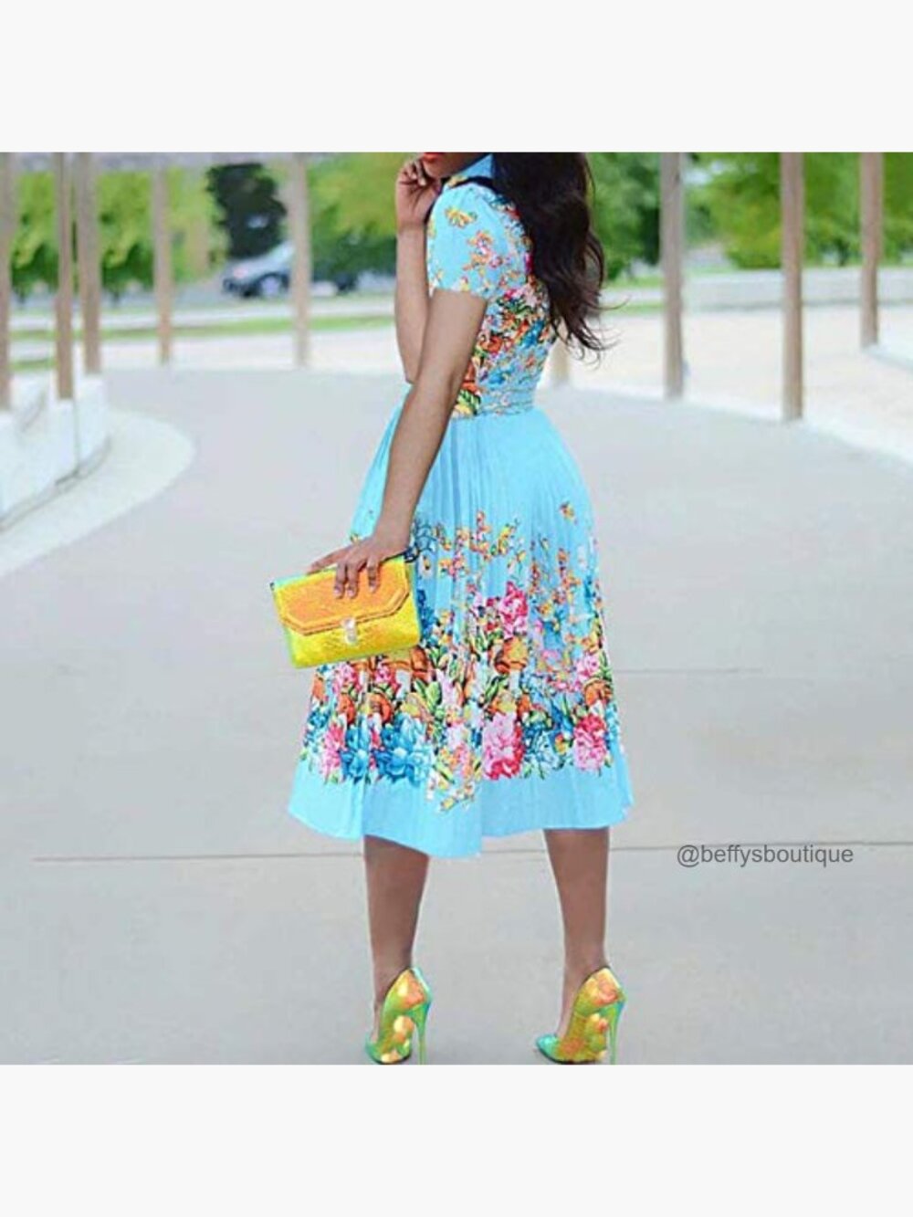 Three-Quarter Sleeve Knee Length Pleated Floral Sheath Dress - Picture 2 of 4